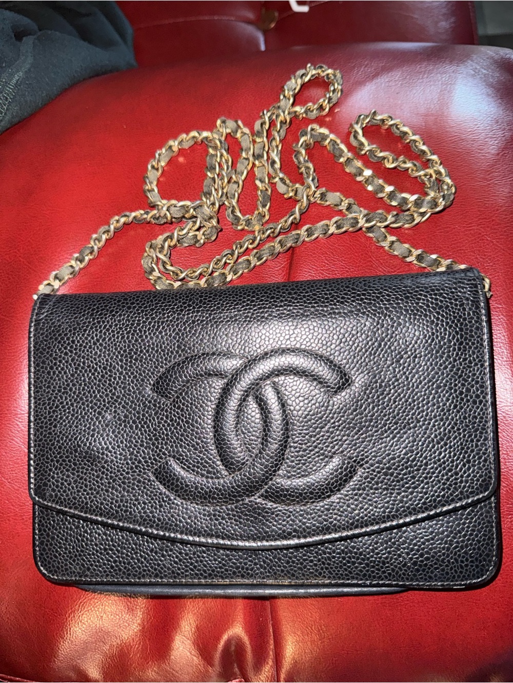 CHANEL Black Caviar Leather Crossbody with Gold Chain
